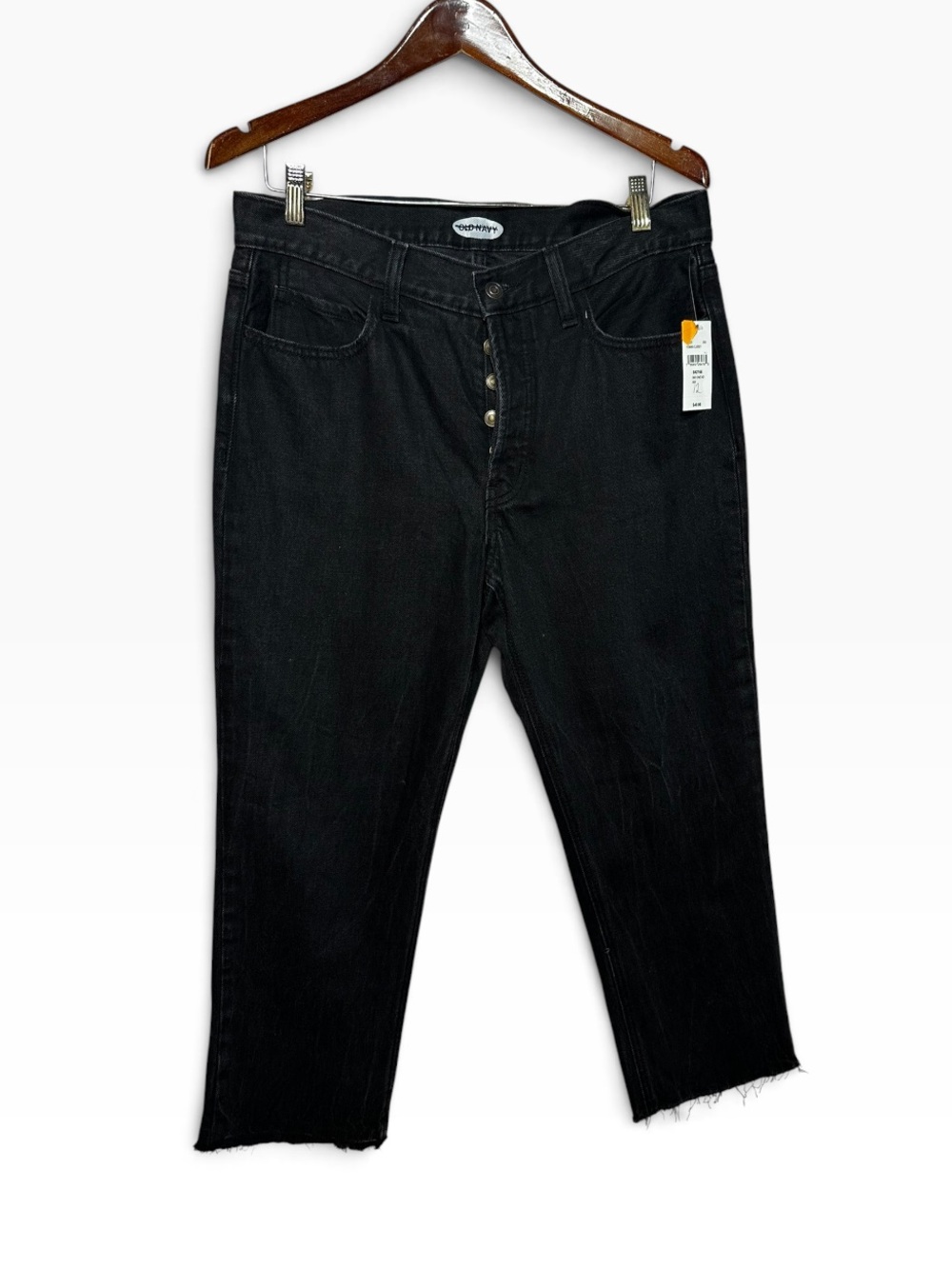 NWT Old Navy High Rise Button Fly Straight Leg Jeans Black Raw Hem Size 12